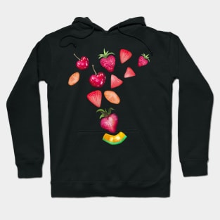 Watercolor Fruits splash, strawberries, cherries, watermelon slices Hoodie